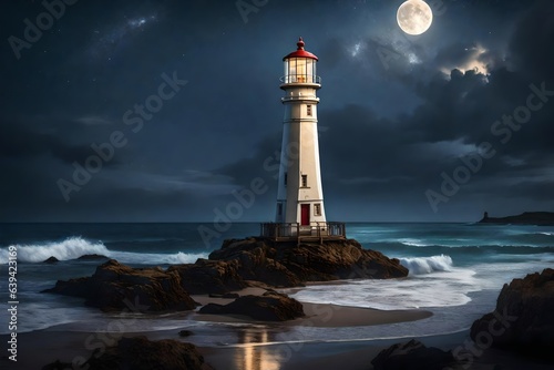a charming lighthouse standing proudly on a beach, guiding ships through the night