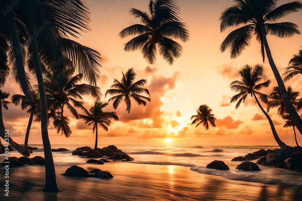 a serene tropical beach at sunset, with palm trees swaying gently in the breeze
