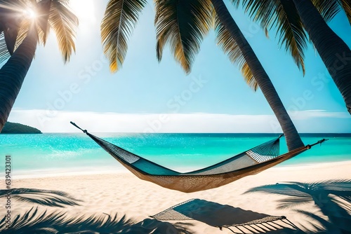 a hammock strung between two palm trees, overlooking a sandy beach and ocean
