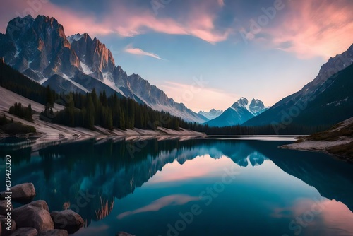 a secluded mountain lake nestled between majestic peaks, its crystal-clear waters reflecting the pastel hues of a dawn sky