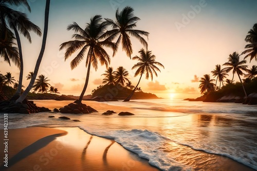 a serene tropical beach at sunset  with palm trees swaying gently in the breeze