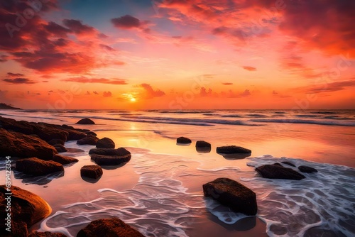 a tranquil beach at sunset with vibrant hues in the sky and calm waves