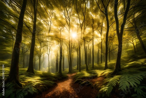 dense forest with sunlight filtering through the leaves  creating a network of golden veins that traverse the canopy