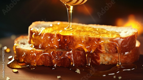 A slowmotion examination of a stream of honey its color and texture illuminated by a bright light spilling gently onto the surface of a piece of toast.