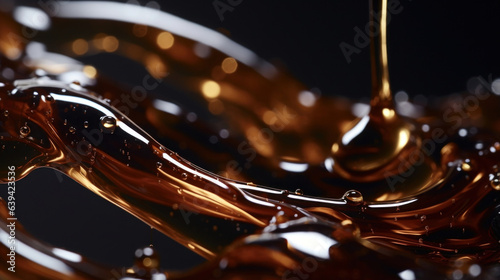 Closeup shot of glistening droplets of Balsamic glaze suspended midair rotating gracefully against a dark background.