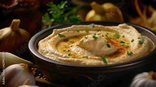 A mesmerizing view of the thick creamy hummus as it slowly rotates in an intricate pattern highlighting the coarse chunks of garlic and cumin.