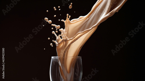 A lipsmacking slowmotion macro shot of velvety Irish cream spilling gracefully and lazily from a narrow bottle capturing every textural detail in stunning clarity.