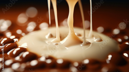 Coffeecolored droplets dripping gracefully and slowly from the neck of a tiny liqueur bottle for a tantalizingly detailed closeup look of an Irish Cream favorite. photo