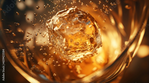A closeup of a circular ice cube as it slowly melts in a glass of golden vermouth the droplets glistening as they drip and spread across the surface.
