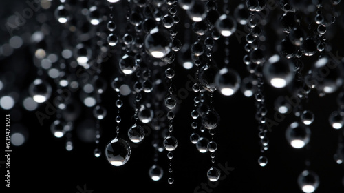 A cascade of sambuca beads raining against a glistening black background a tranquil and serene moment in a slow motion macro.