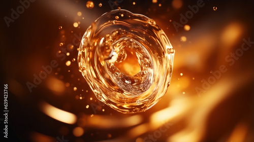 A mesmerizing slow motion macro shot of a single droplet of brandy cascading through the air surrounded by a halo of glittering light.