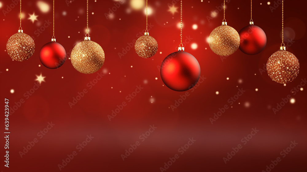 Christmas red background with realistic 3d, Christmas balls, ornaments, red gold white hanging balls beautiful ornaments, illustration.