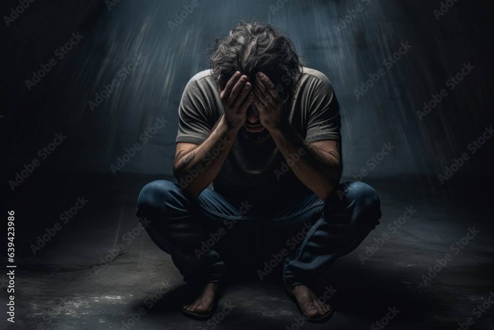 A mentally broken man in a crouching position holds his head in a dark room. Theme of fighting depression and emotional disorders.generative ai
 - obrazy, fototapety, plakaty 