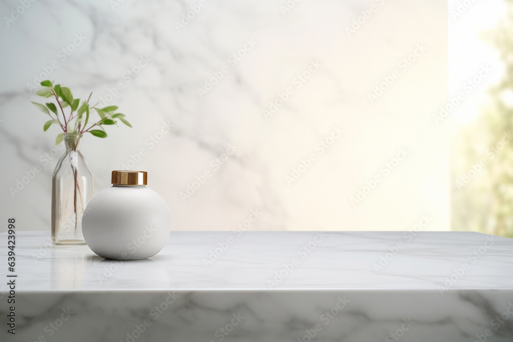 Beautiful empty space of a table or countertop with decorative elements of a bottle with a plant and a container with space for a product or text.generative ai
