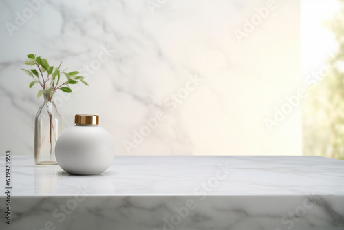 Beautiful empty space of a table or countertop with decorative elements of a bottle with a plant and a container with space for a product or text.generative ai 