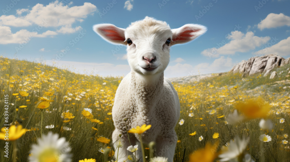 A sheep standing in a field of A sheep standing in a field of