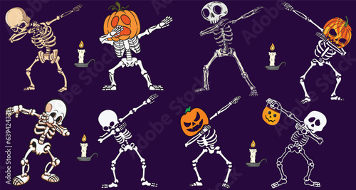 Dabbing Skeletons Set with Halloween Pumpkins for Graphic Designers