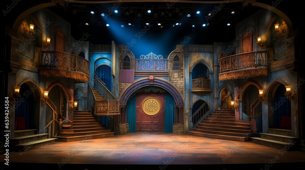 Theatrical stage with elaborate set design 
