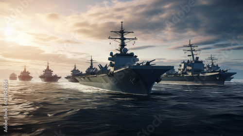 Photo Sailing military ships in the sea or ocean.generative ai