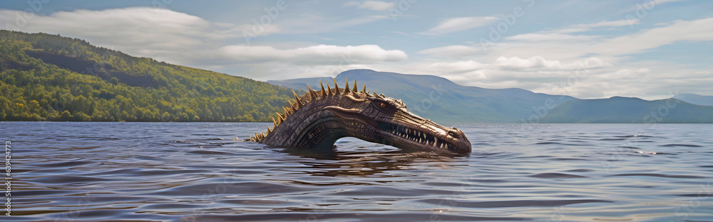 Fototapeta premium Loch Ness Monster Nessie in lake. AI generated.