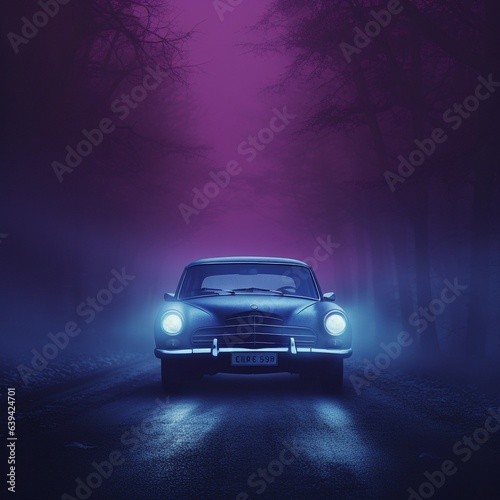 Car on a foggy road. High quality illustration