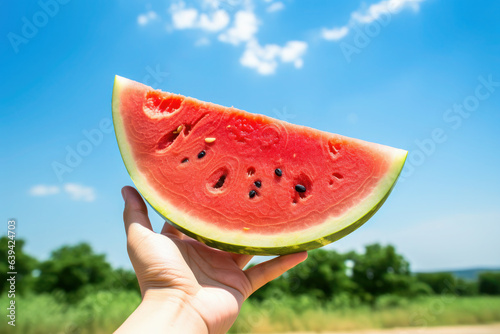 hand holds a watermelon against the sky. sweet, juicy fruit in summer. vitamins and proper nutrition.