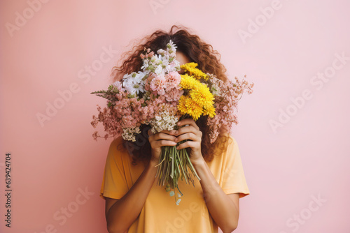 portrait of a young woman hiding behind a lush bouquet of different flowers. the girl holds buds and flowers in hands.