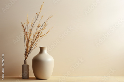 Beautiful beige minimalist background with a vase and a branch with an empty space for your product or text 