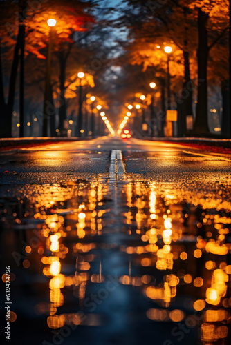 city road at night. pavement in the park during the autumn season. Illumination of a park road with lanterns at night