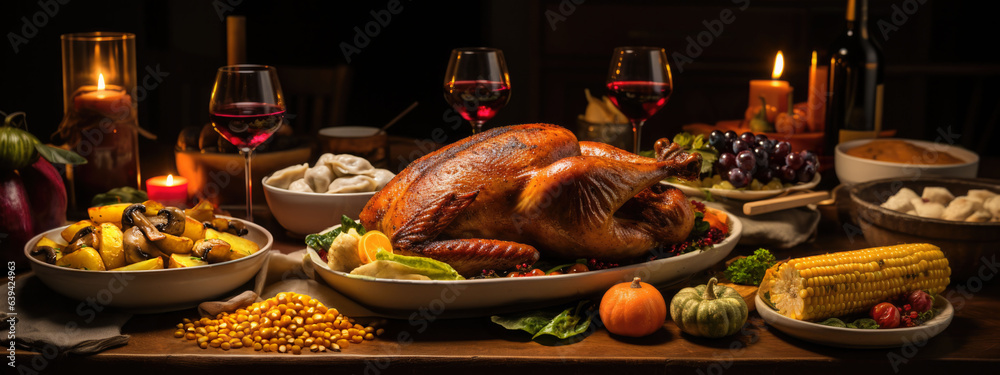 Rustic Thanksgiving Delight: A beautifully cooked roast turkey stands at the heart of a rustic Thanksgiving gathering, surrounded by wine and various delectable dishes.