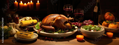 Thanksgiving Feast: In a rustic setting, a perfectly prepared roast turkey takes the spotlight, complemented by a variety of dishes and wine.