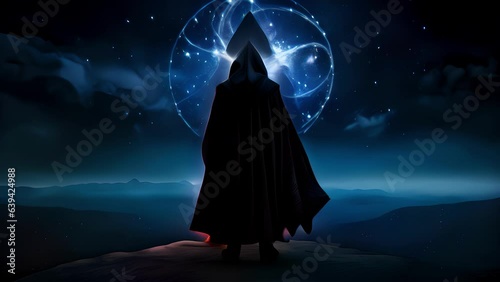 Standing before the night sky is a hooded figure wearing a robe of midnight blue. His stance is imposing his back tall and proud and his hood framing his secret knowledge photo