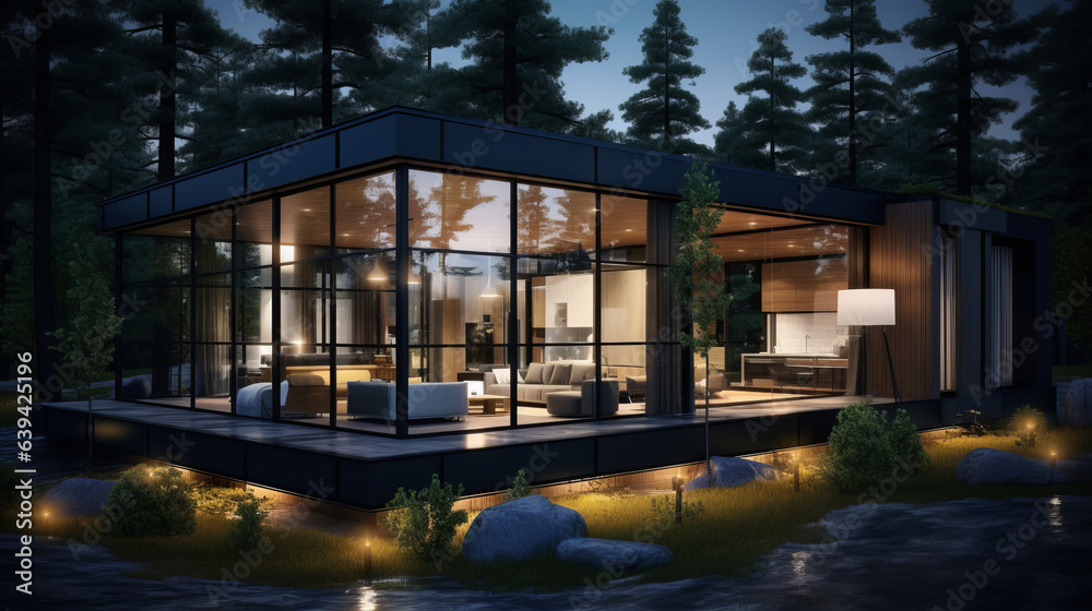 A modern glass house in the forest in the evening.generative ai
