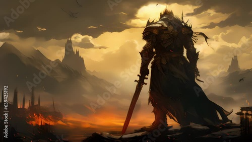 Towering and foreboding the subject of this ilration is a formidable figure. His back in encased in golden armor an axe slung across one shoulder and a battle hammer hanging
