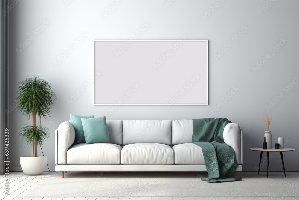 Fototapeta premium Empty white blank frame mockup in modern furnished living room