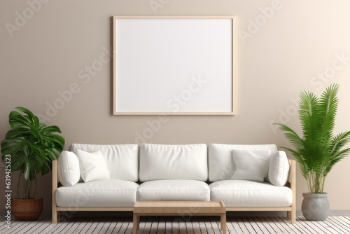 Empty white blank frame mockup in modern furnished living room