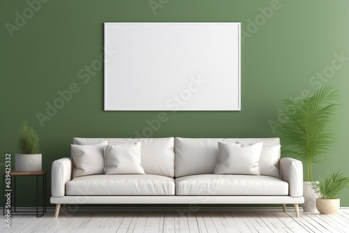 Empty white blank frame mockup in modern furnished living room