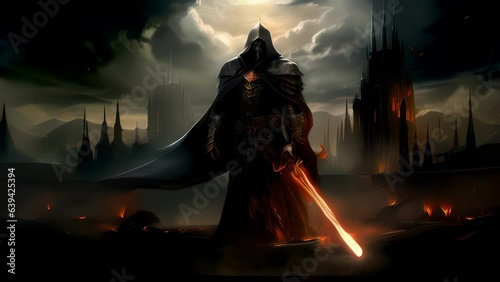 The Inquisitor was a figure of power and retribution with a heavy greatsword held aloft in a mailed gauntlet. His back was shadowed by a dark cape emblazoned with the golden