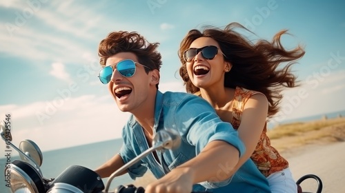 Couple in adore riding a motorbike Good looking fellow and youthful provocative lady travel Youthful riders getting a charge out of themselves on trip Experience and excursions concept