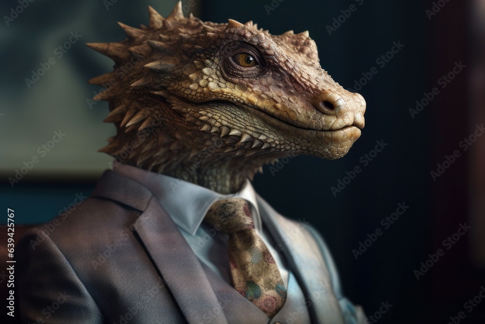 Anthropomorphic dragon dressed in a suit like a businessman. Business Concept. AI generated, human enhanced. Anthropomorphic dragon dressed in a suit like a businessman. Business Concept. AI generated, human enhanced.