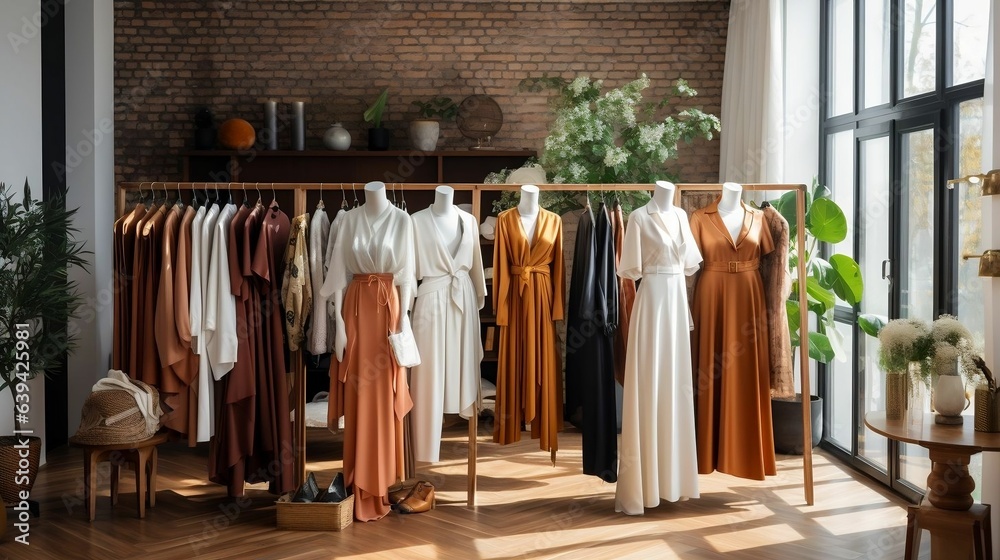 High-end fashion boutique showcasing designer clothes
