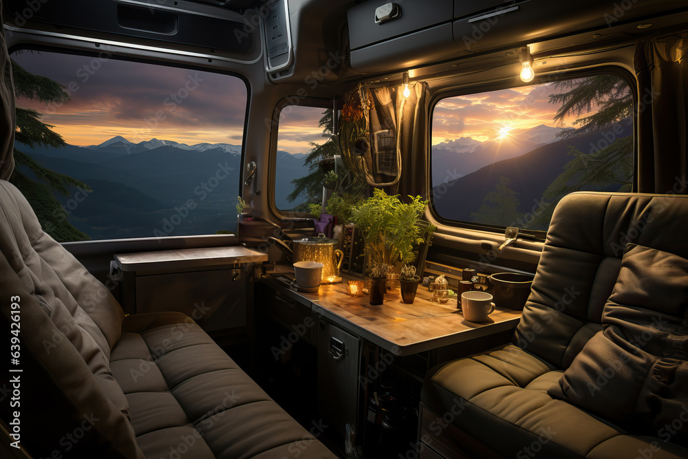 Fototapeta premium A cozy camper setup with a table and chairs inside