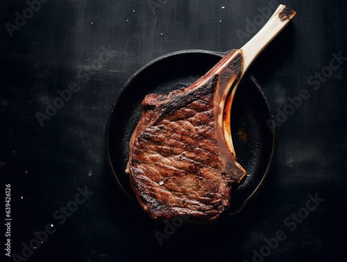 Beautiful and tasty fried Tomahawk bone steak in a cast iron empty pan on a beautiful dark hand painted background with space for inscriptions, text or logo.generative ai