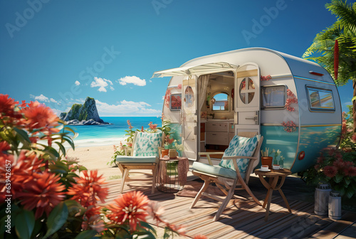 A camper parked on a beautiful beach by the ocean