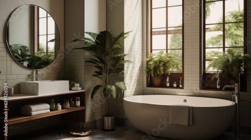 a hotel bathroom corner featuring tiled walls, a round mirror, a white bath, and a large window. © Lasvu