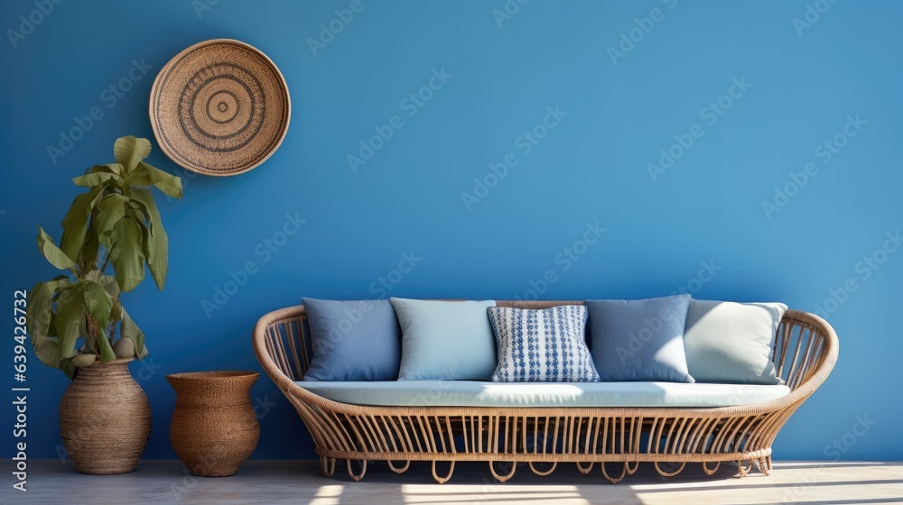 Blue wall decor and wicker seating.