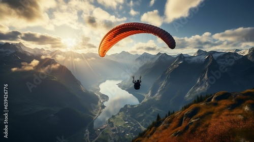 Paraglider soaring above rugged mountain landscapes. cool wallpaper	 photo