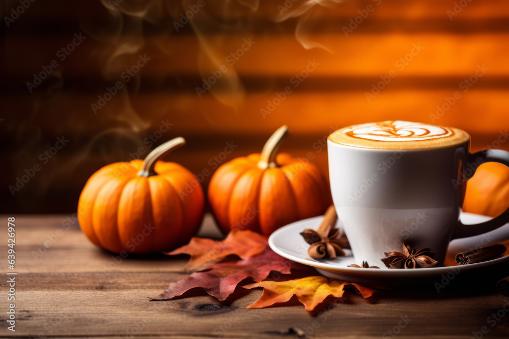 Beautiful autumn background with a cup of coffee, pumpkins and golden leaves on a wooden table with space for your product, text or inscriptions.generative ai
Beautiful autumn background with a cup of coffee, pumpkins and golden leaves on a wooden table with space for your product, text or inscriptions.generative ai