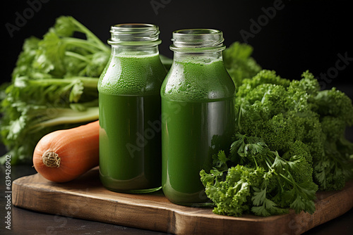 Captivating Rainbow of Vegetable Juice Bottles. Set against a backdrop of soft natural light, these bottles of vibrant vegetable juice stand like a captivating rainbow on a sun-kissed meadow. 