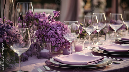 table set at a party or wedding in purple. generative ai 